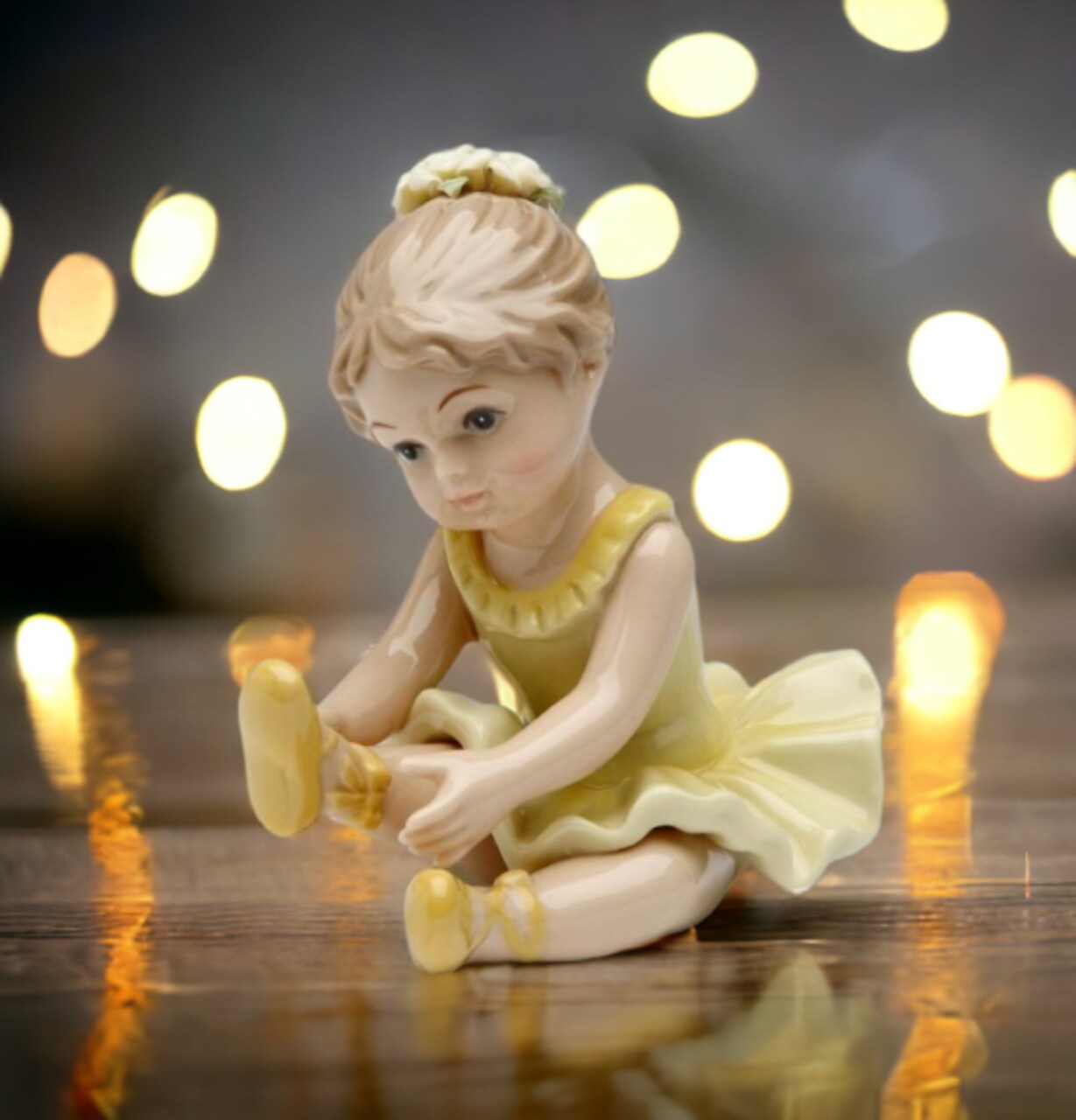 Ceramic Ballerina Gril in Yellow Stretching Her Leg, Home Décor, Gift for Her, Gift for Daughter, Gift for Ballerina Dancer